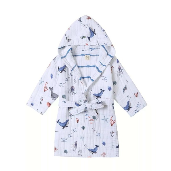 Malabar Baby Other - Malabar Baby Kids White Organic Cotton Muslin Sea Life Hooded Robe 1-2 Years